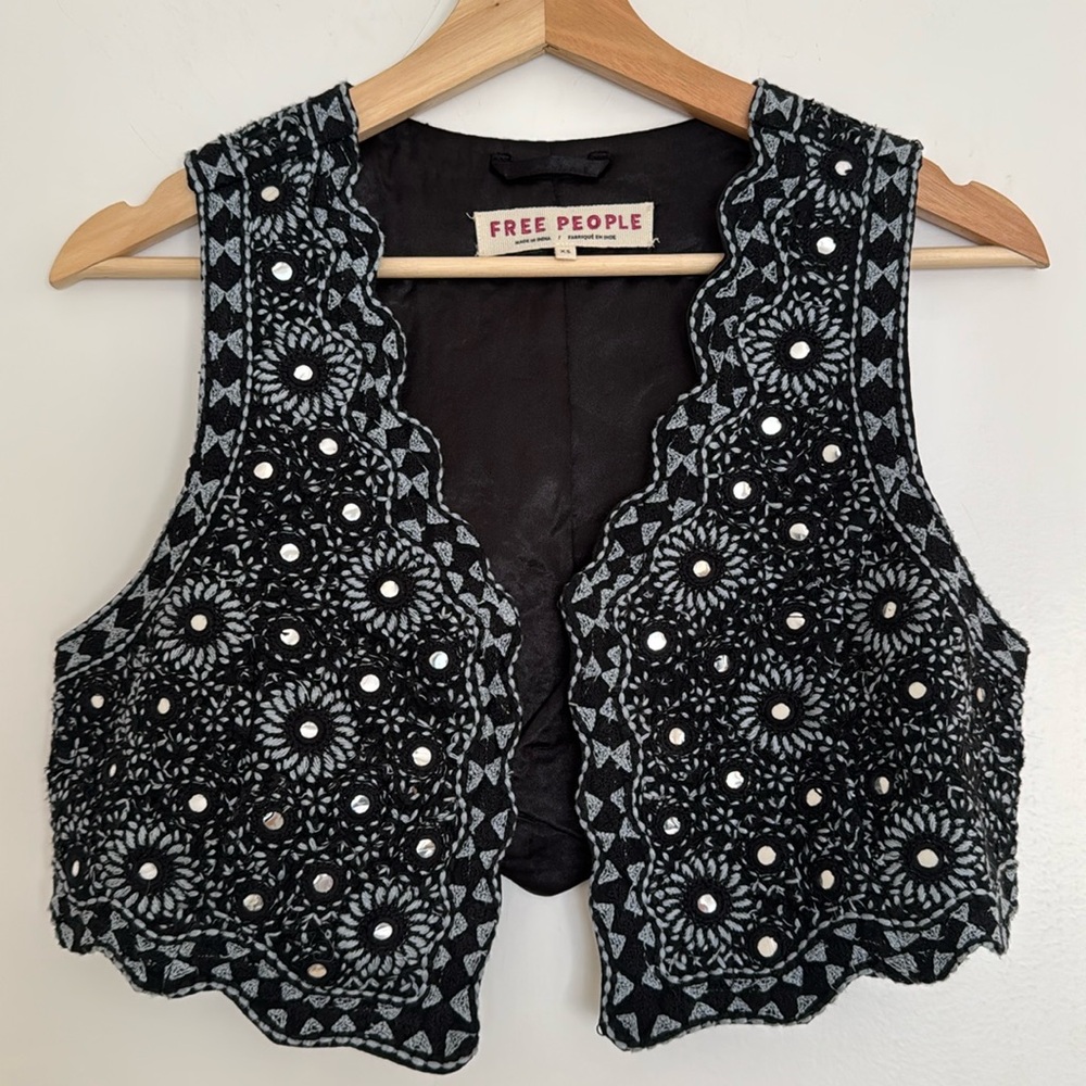 Free People Black and Gray Embroidered Vest